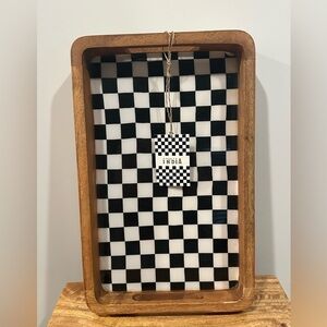 Wooden Tray with Black and White Checkered  Pattern Macekzie Childs Inspired